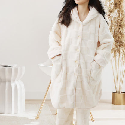 Solid Plush Checkered Texture Hooded Robe