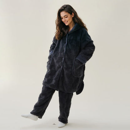 Solid Plush Checkered Texture Hooded Robe
