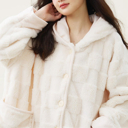 Solid Plush Checkered Texture Hooded Robe