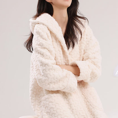 Embossed Plush Coral Fleece Hooded Robe