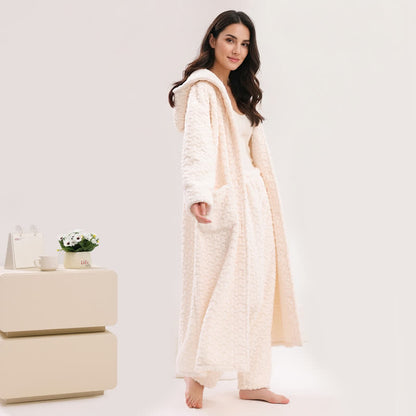 Embossed Plush Coral Fleece Hooded Robe