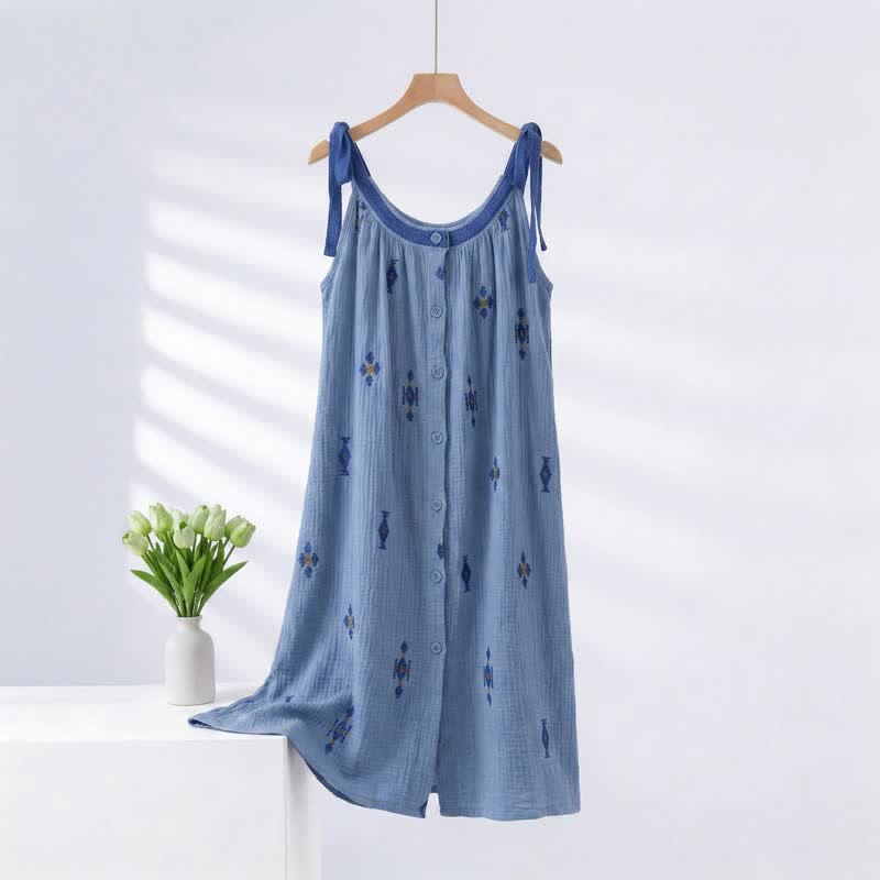 Blue Cotton Gauze Tie Strap Nightgown