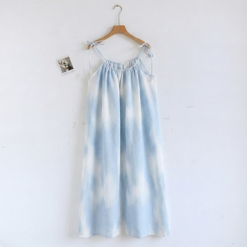 Artistic Blue Cotton Tie Strap Nightgown