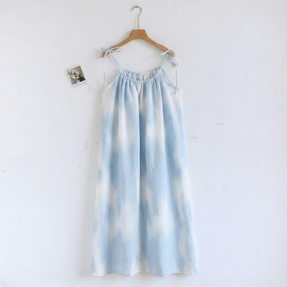 Artistic Blue Cotton Tie Strap Nightgown