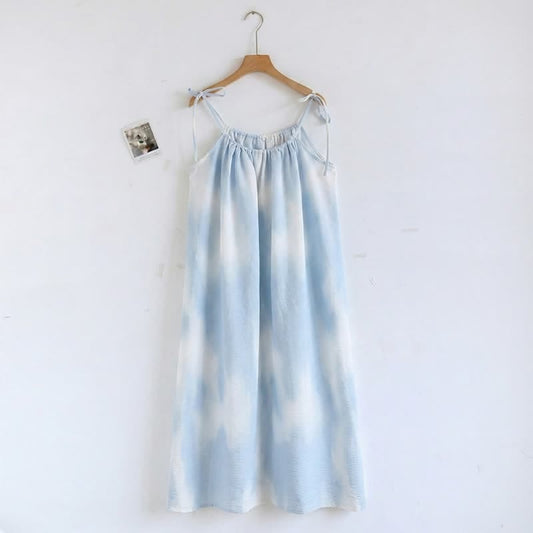 Artistic Blue Cotton Tie Strap Nightgown adjustable straps Blue breathable Cami Camisole casual daydress Cotton cotton gauze embroidered Jammies literary style Loungewear midi length newin260416 Nightdress Nightgown Nightie Pajama Sleepwear Sleeveless Spring Summer