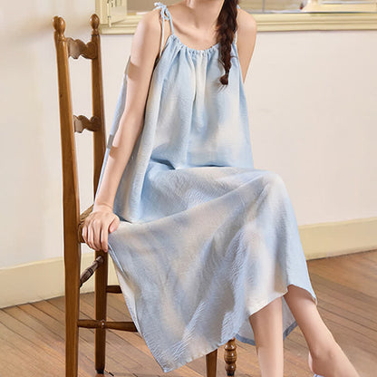 Artistic Blue Cotton Tie Strap Nightgown