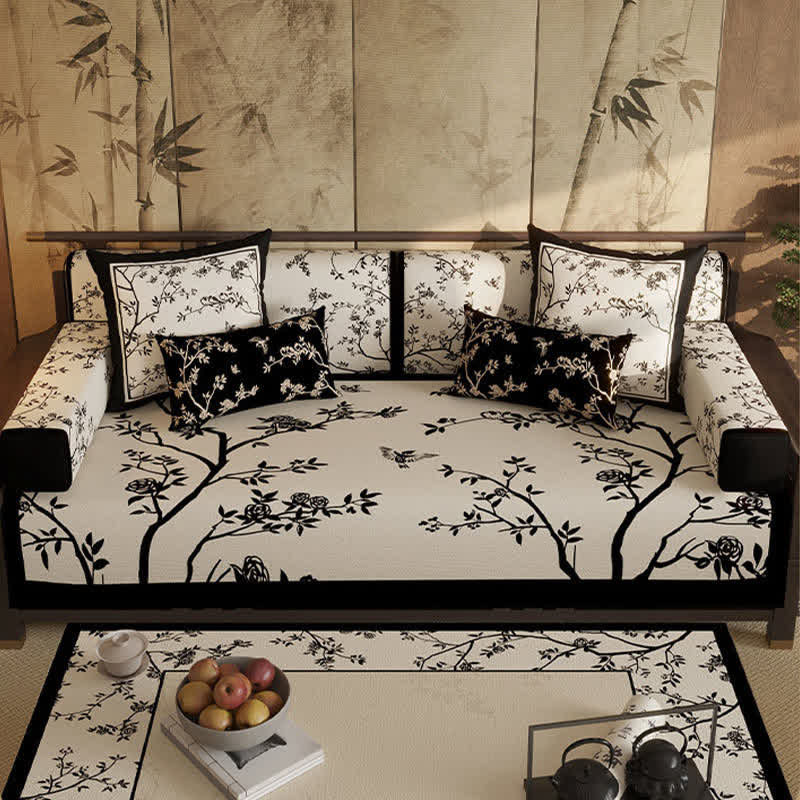 Vintage Oriental Branch & Floral Sofa Slipcover