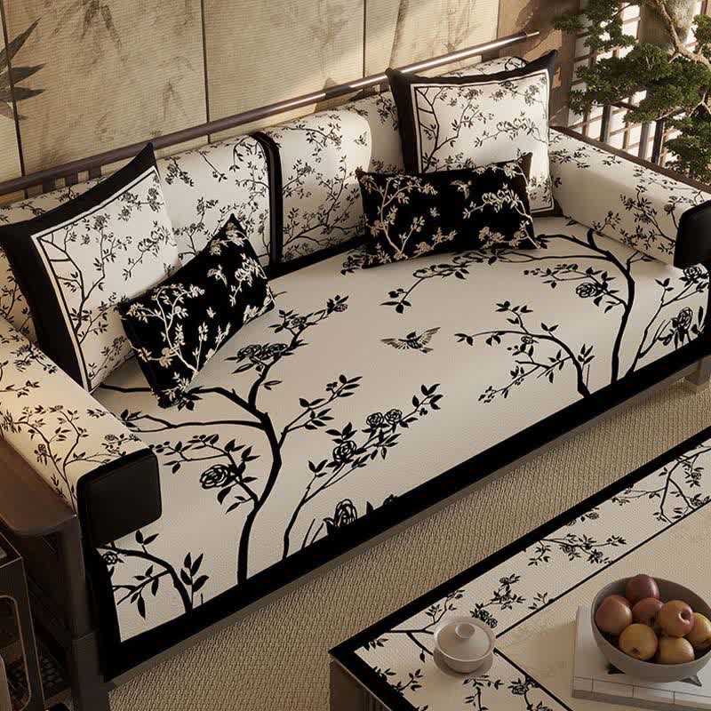 Vintage Oriental Branch & Floral Sofa Slipcover
