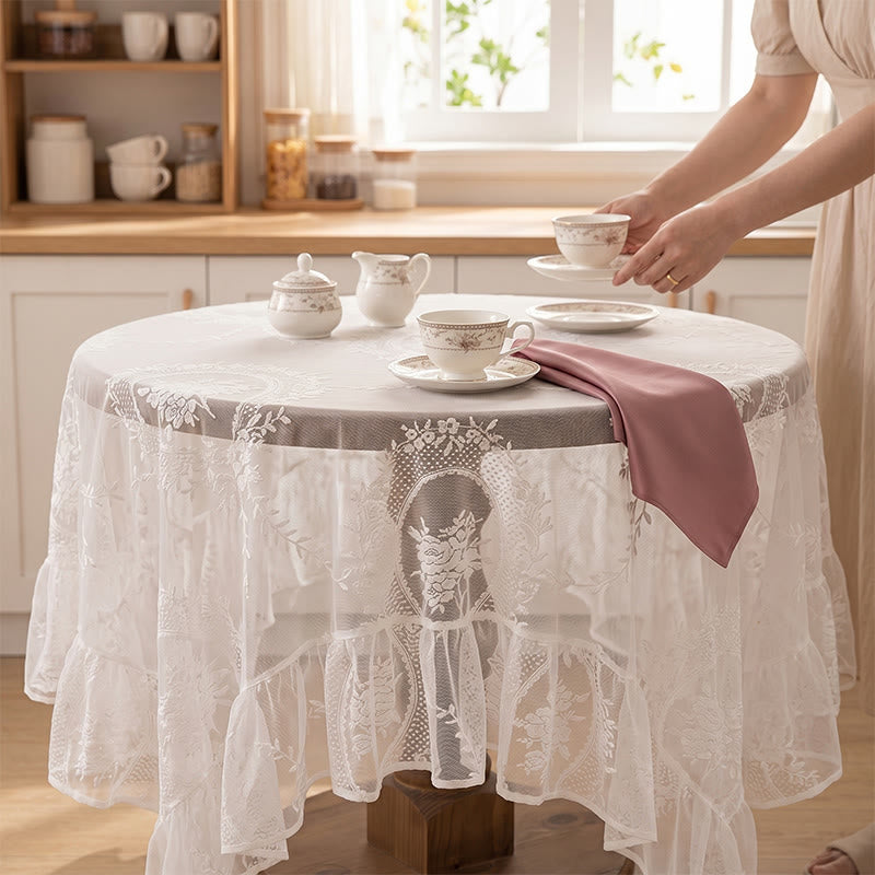 Romantic Floral Lace Ruffled Edge Tablecloth