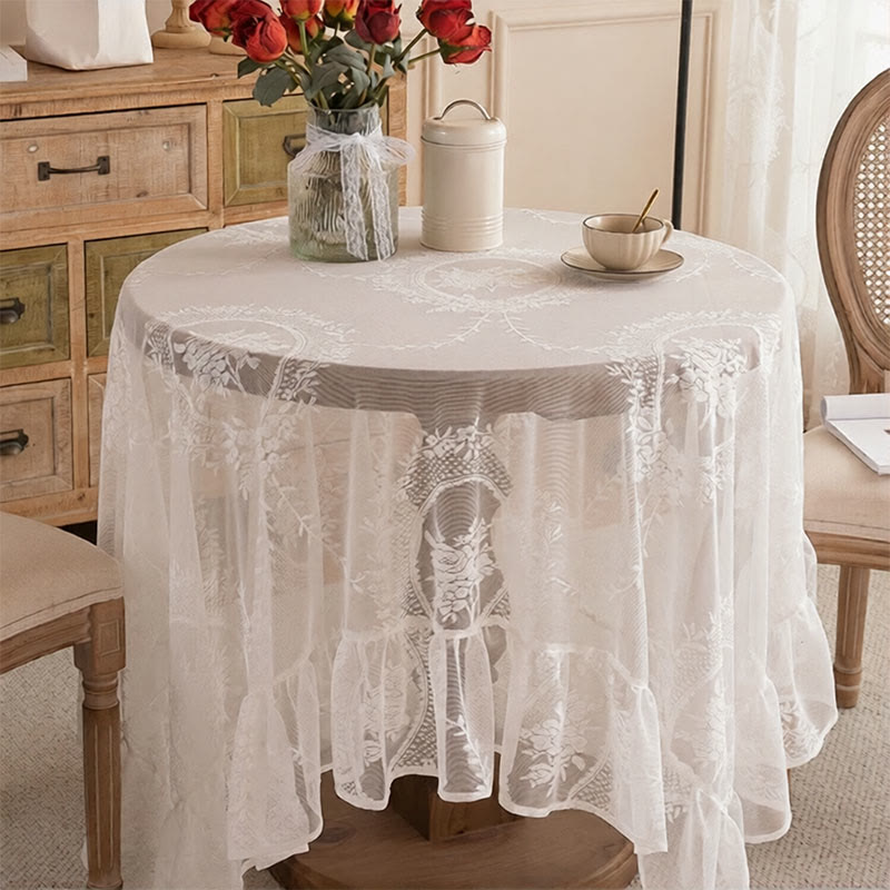 Romantic Floral Lace Ruffled Edge Tablecloth