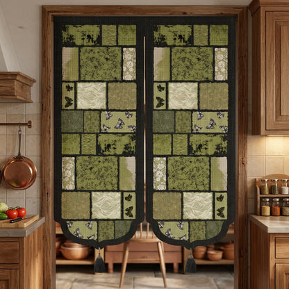 Retro Patchwork Room Divider Door Curtain 0514 Curtains Door Tapestry Doorway Curtain Fabric Partition Floral Green Privacy Screen Rod Pocket Room Divider