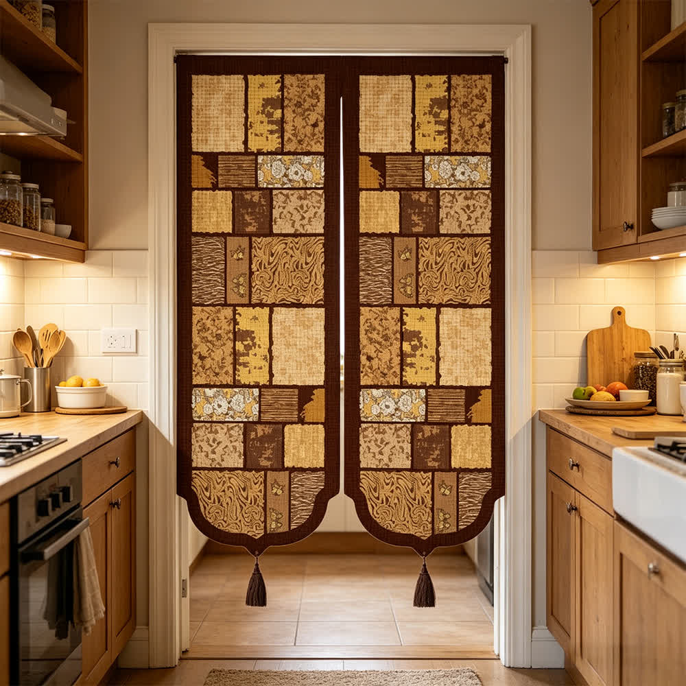 Vintage Wood-Tone Room Divider Door Curtain 0514 Brown Curtains Door Tapestry Doorway Curtain Fabric Partition Floral Privacy Screen Rod Pocket Room Divider Tassel