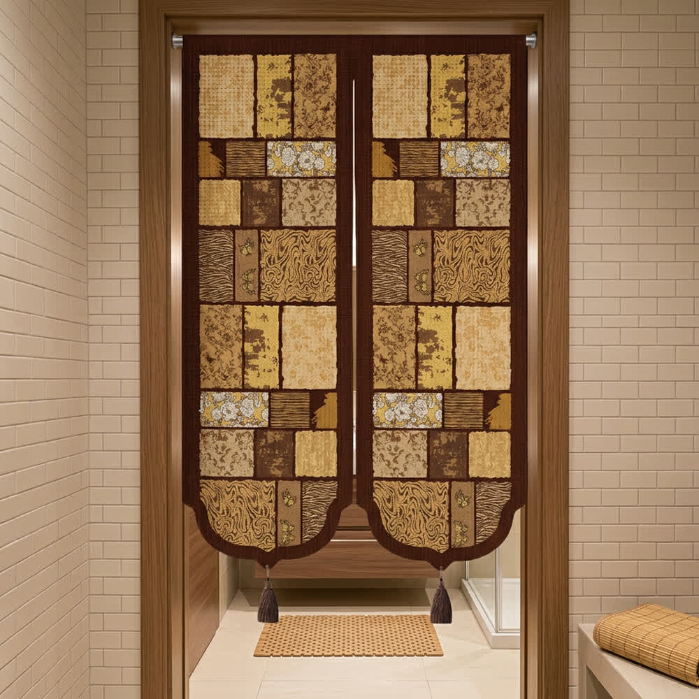 Vintage Wood-Tone Room Divider Door Curtain 0514 Brown Curtains Door Tapestry Doorway Curtain Fabric Partition Floral Privacy Screen Rod Pocket Room Divider Tassel