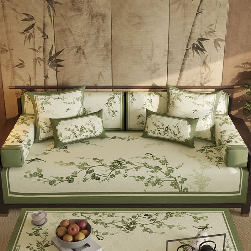Vintage Green Plum Blossom Sofa Slipcover