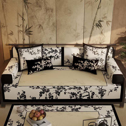 Oriental Plum Blossom Bordered Sofa Slipcover