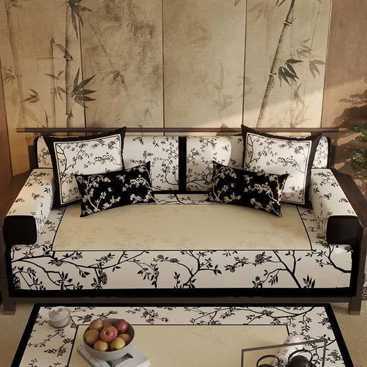 Vintage Oriental Floral Bordered Sofa Slipcover