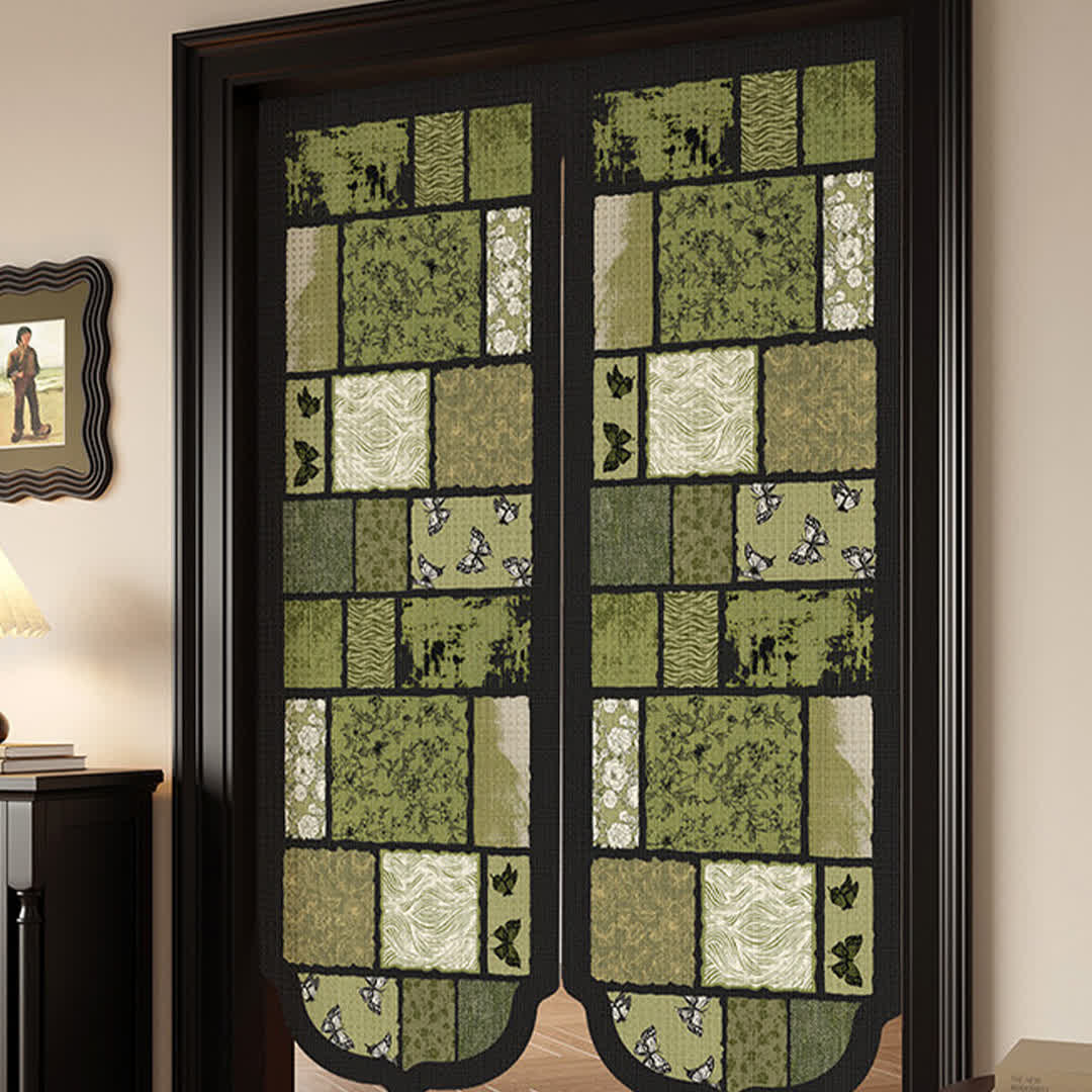 Retro Patchwork Room Divider Door Curtain 0514 Curtains Door Tapestry Doorway Curtain Fabric Partition Floral Green Privacy Screen Rod Pocket Room Divider