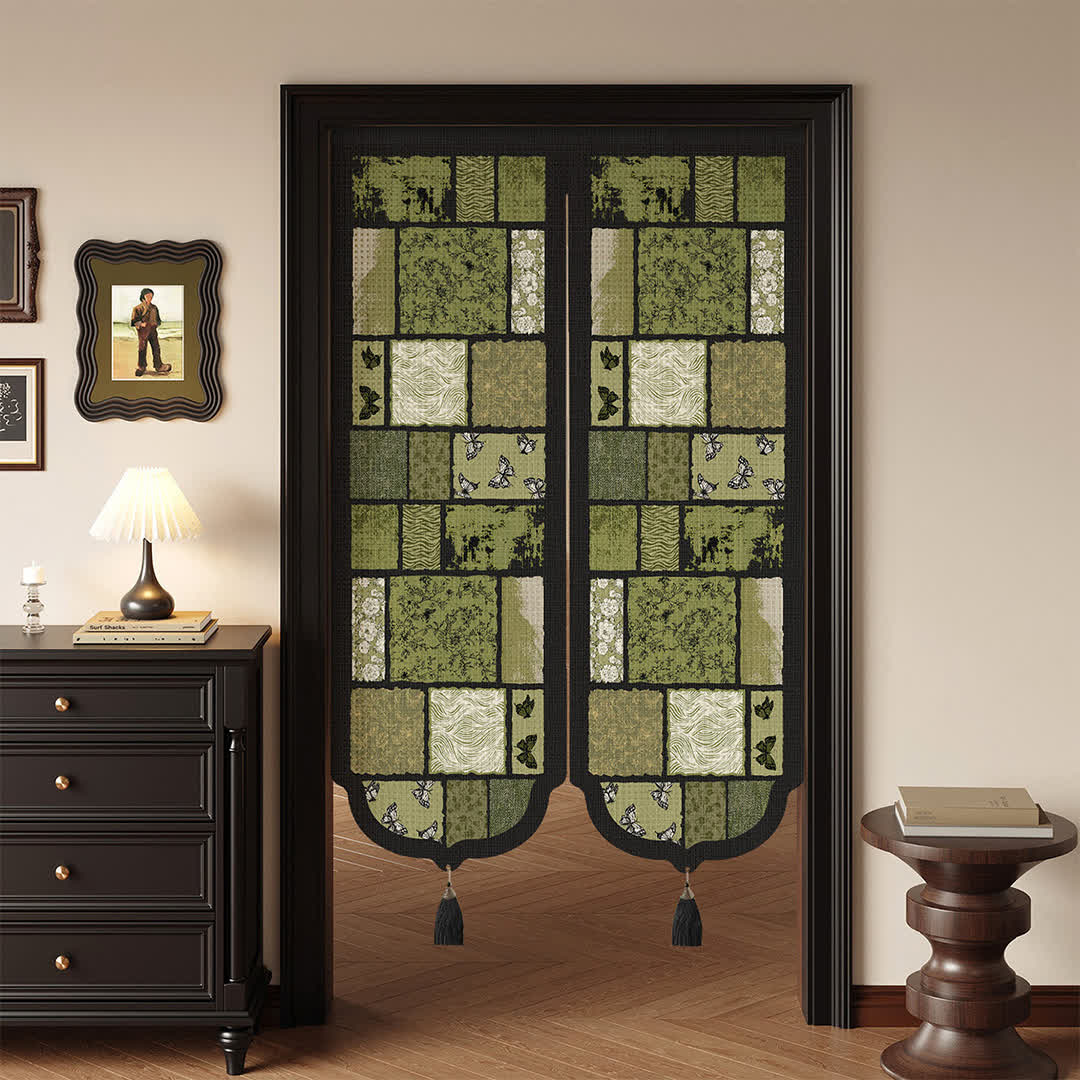 Retro Patchwork Room Divider Door Curtain 0514 Curtains Door Tapestry Doorway Curtain Fabric Partition Floral Green Privacy Screen Rod Pocket Room Divider