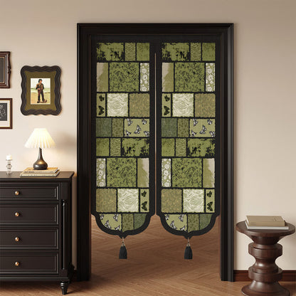Retro Patchwork Room Divider Door Curtain 0514 Curtains Door Tapestry Doorway Curtain Fabric Partition Floral Green Privacy Screen Rod Pocket Room Divider
