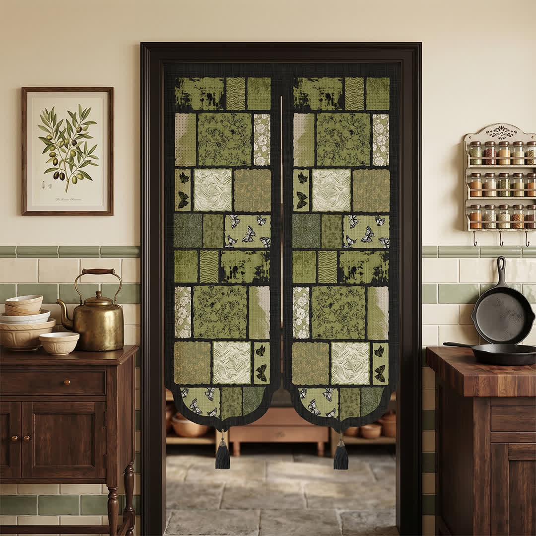 Retro Patchwork Room Divider Door Curtain 0514 Curtains Door Tapestry Doorway Curtain Fabric Partition Floral Green Privacy Screen Rod Pocket Room Divider