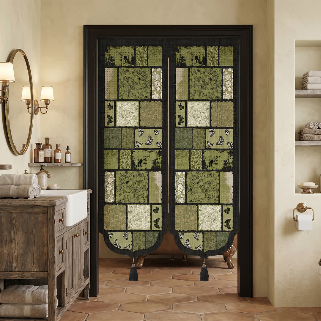 Retro Patchwork Room Divider Door Curtain 0514 Curtains Door Tapestry Doorway Curtain Fabric Partition Floral Green Privacy Screen Rod Pocket Room Divider