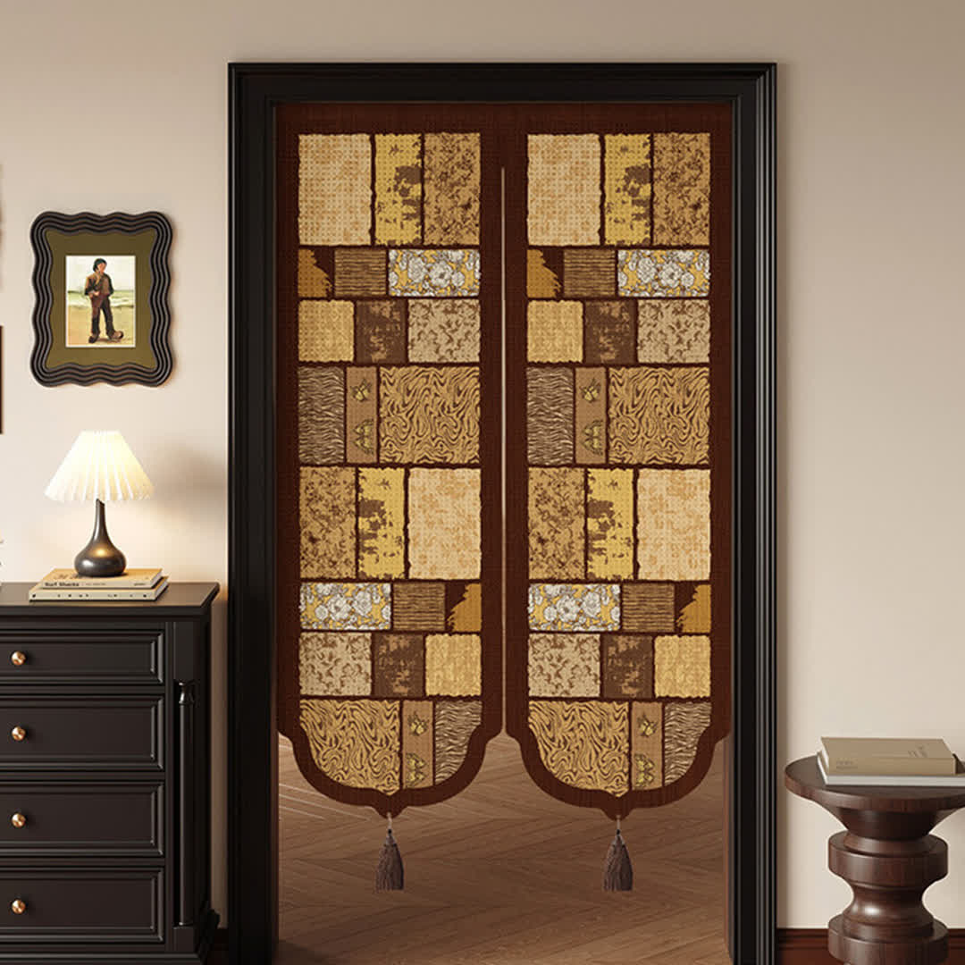 Vintage Wood-Tone Room Divider Door Curtain 0514 Brown Curtains Door Tapestry Doorway Curtain Fabric Partition Floral Privacy Screen Rod Pocket Room Divider Tassel