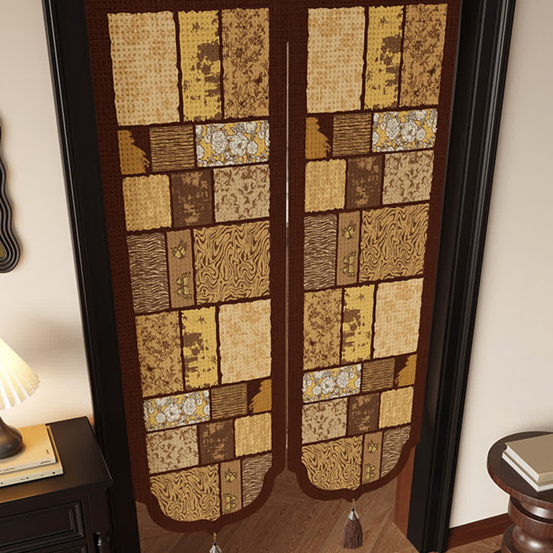 Vintage Wood-Tone Room Divider Door Curtain 0514 Brown Curtains Door Tapestry Doorway Curtain Fabric Partition Floral Privacy Screen Rod Pocket Room Divider Tassel
