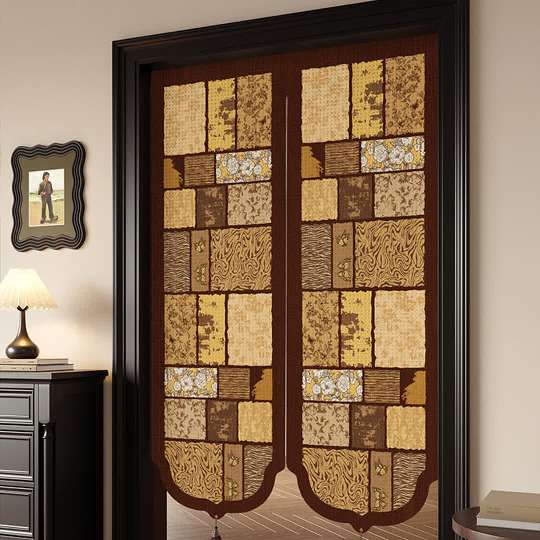 Vintage Wood-Tone Room Divider Door Curtain 0514 Brown Curtains Door Tapestry Doorway Curtain Fabric Partition Floral Privacy Screen Rod Pocket Room Divider Tassel