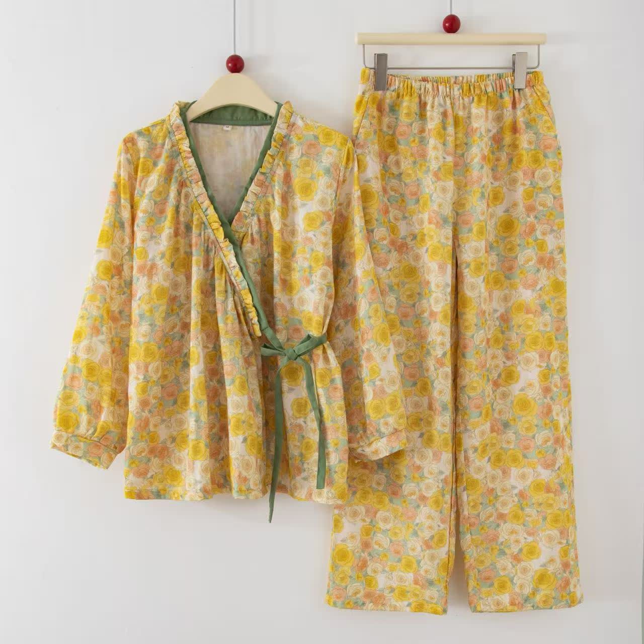 Yellow Floral Cotton Ruffle Wrap Loungewear Set