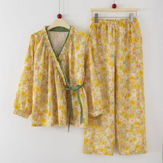 Yellow Floral Cotton Ruffle Wrap Loungewear Set