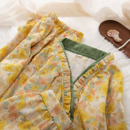 Yellow Floral Cotton Ruffle Wrap Loungewear Set