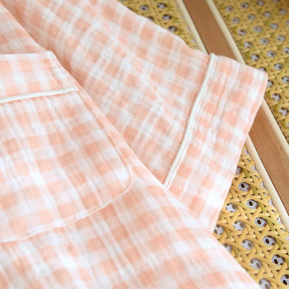 Gingham Cotton Gauze Pajamas with Colorful Buttons