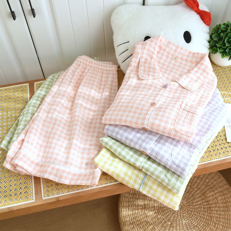 Gingham Cotton Gauze Pajamas with Colorful Buttons