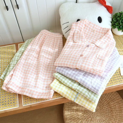 Gingham Cotton Gauze Pajamas with Colorful Buttons