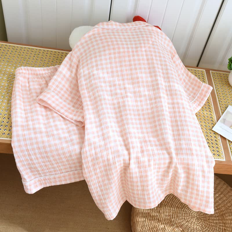 Gingham Cotton Gauze Pajamas with Colorful Buttons
