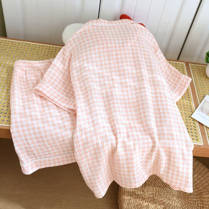 Gingham Cotton Gauze Pajamas with Colorful Buttons
