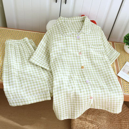 Gingham Cotton Gauze Pajamas with Colorful Buttons