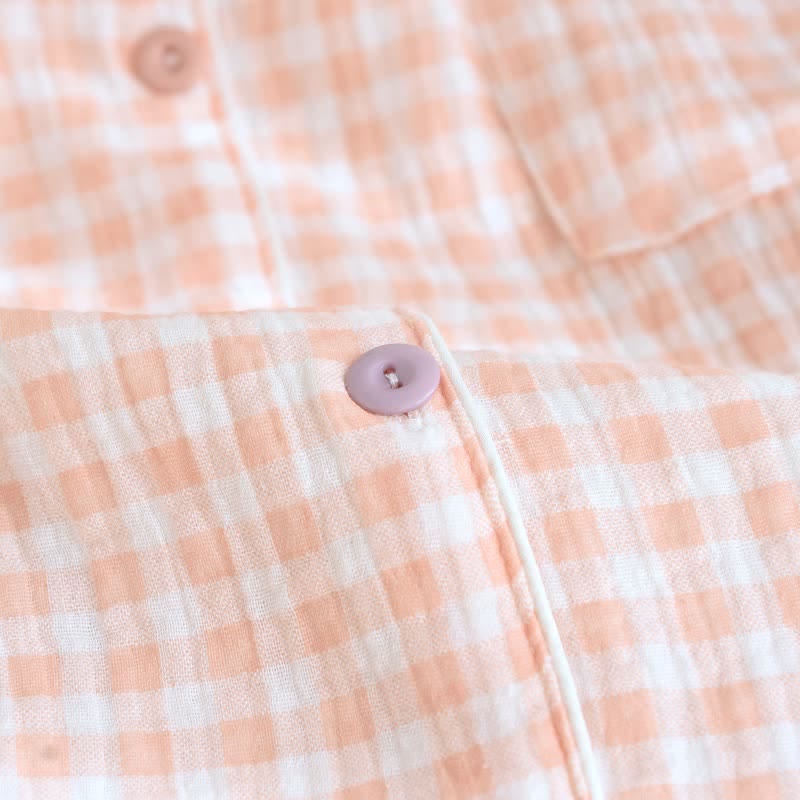 Gingham Cotton Gauze Pajamas with Colorful Buttons
