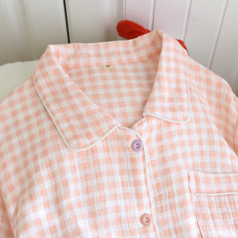 Gingham Cotton Gauze Pajamas with Colorful Buttons