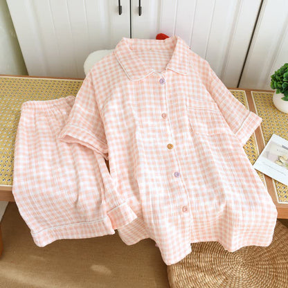 Gingham Cotton Gauze Pajamas with Colorful Buttons