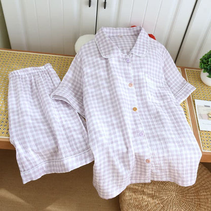 Gingham Cotton Gauze Pajamas with Colorful Buttons
