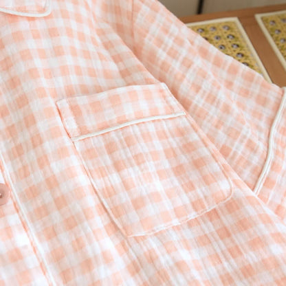 Gingham Cotton Gauze Pajamas with Colorful Buttons