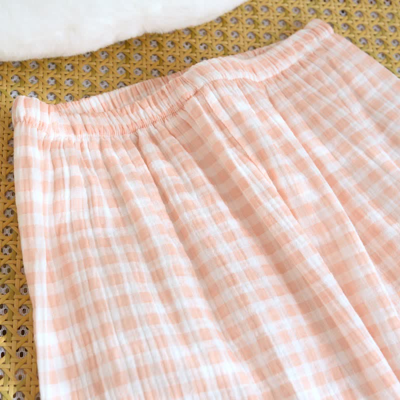 Gingham Cotton Gauze Pajamas with Colorful Buttons