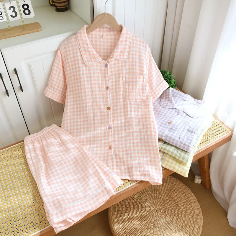 Gingham Cotton Gauze Pajamas with Colorful Buttons