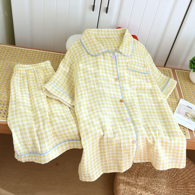 Gingham Cotton Gauze Pajamas with Colorful Buttons
