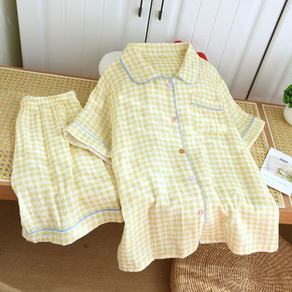Gingham Cotton Gauze Pajamas with Colorful Buttons