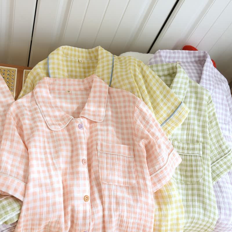Gingham Cotton Gauze Pajamas with Colorful Buttons