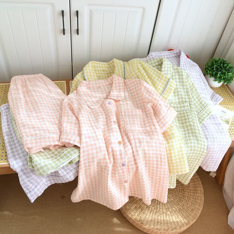 Gingham Cotton Gauze Pajamas with Colorful Buttons