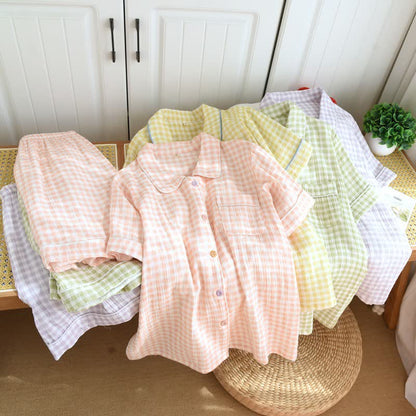 Gingham Cotton Gauze Pajamas with Colorful Buttons