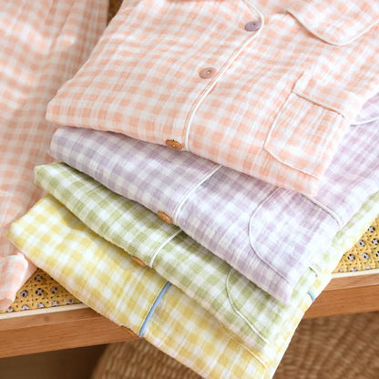 Gingham Cotton Gauze Pajamas with Colorful Buttons